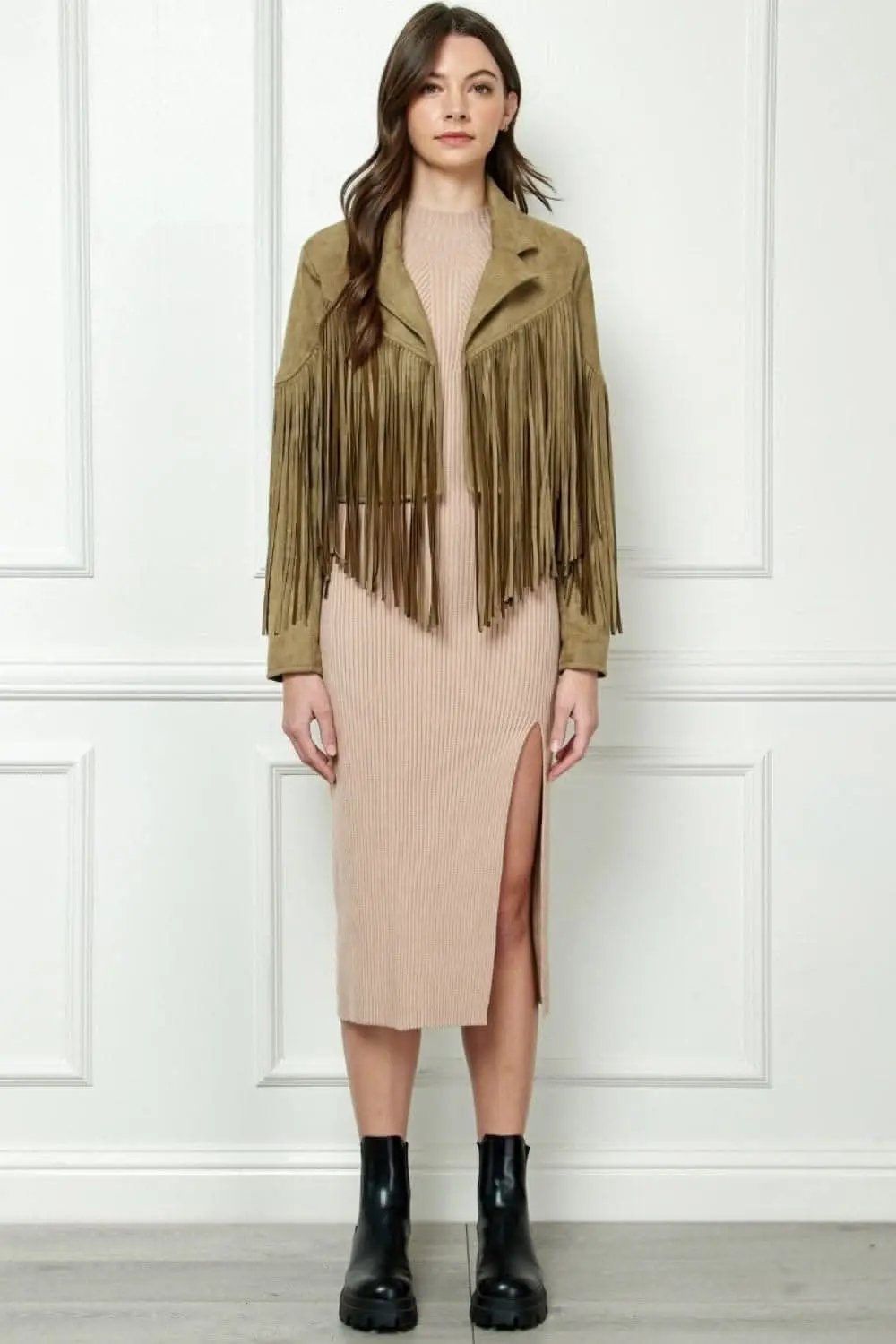 Veveret Suede Fringe Long Sleeve Moto Jacket - Love Salve